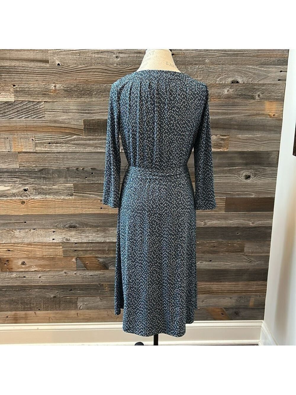 Lands End Blue Patterned Midi Tie Waist 3/4 Length Sleeve Dress Size XS 2-4 - Picture 5 of 9